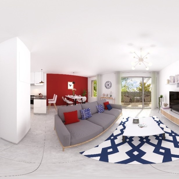 Hình ảnh 360 độ của một phòng khách trong căn hộ. Để khách hàng hiều được toàn bộ cách thức bố trí trên các mảng tường của một căn phòng.